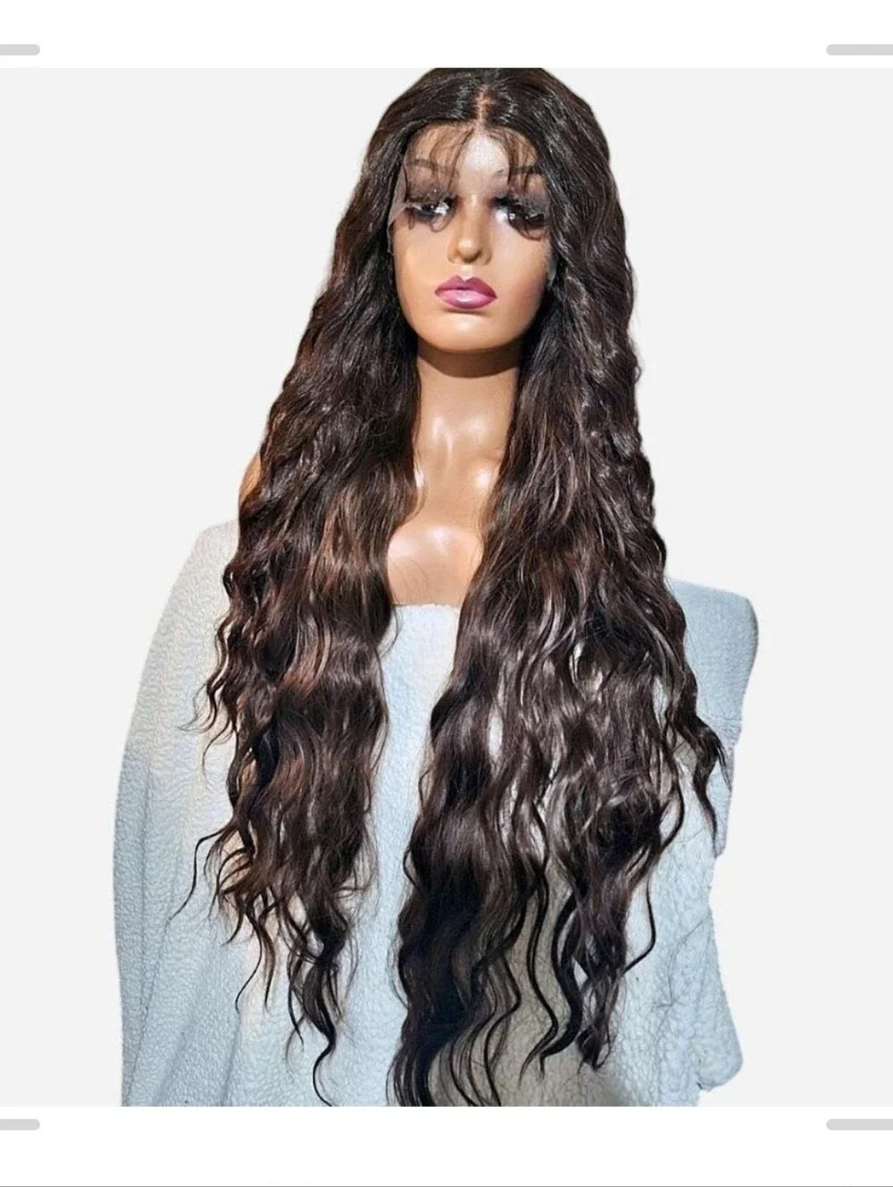 Dark Brown Long Wavy Lace Front Wig - Natural Shine Human Hair Blend Lace Front